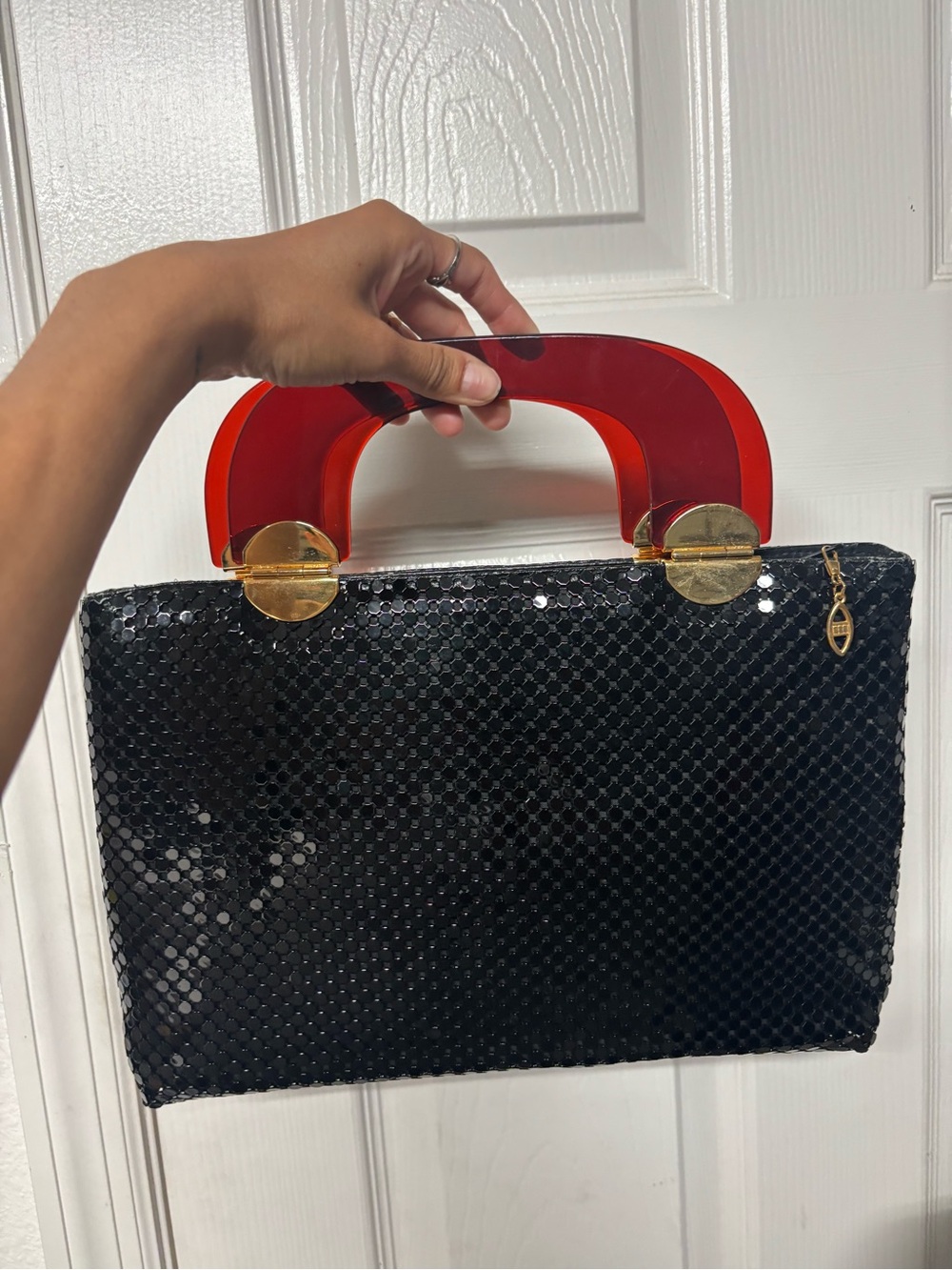 Vintage Black Mesh Evening Bag Red Lucite Handles Glam Cocktail Purse